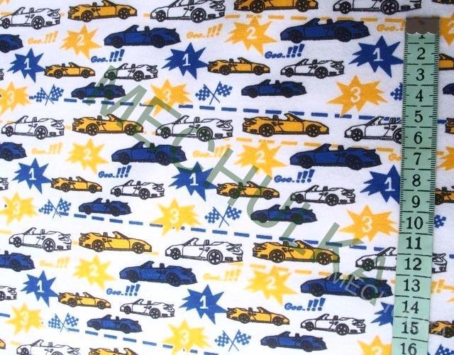 Bavln. úplet jednolíc- Kabriolet/auto - ZBYTEK 0,5 m - žluto-modrý - VÝPRODEJ