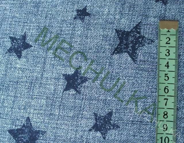 Bavlněný úplet - jednolíc  - ZBYTEK 0,76 m - Hvězdy na jeans - modrá - VÝPRODEJ