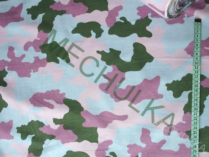 Bavln. úplet - jednolíc - ZBYTEK 1 m - maskáč růžovo-modro-khaki - VÝPRODEJ