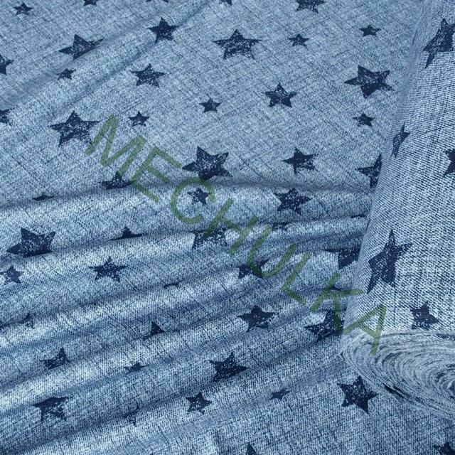 Bavln. úplet - oboulíc - ZBYTEK 0,56 m - Hvězdy na jeans - modrá - VÝPRODEJ