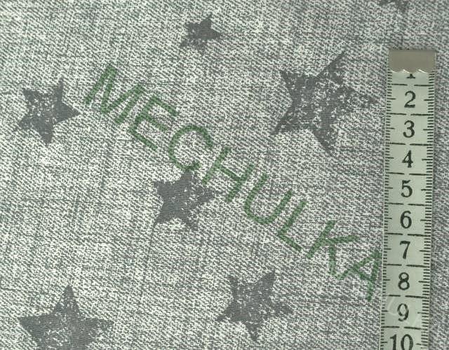 Bavln. úplet - jednolíc - ZBYTEK 0,5 m - Hvězdy na jeans -světle šedá -VÝPRODEJ