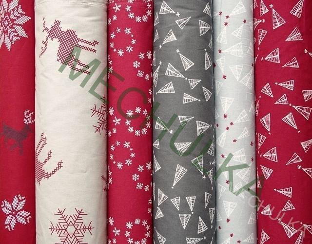 Bavlněné plátno Přírodní Vánoce, lesní motivy v kolečku, červená látka metráž