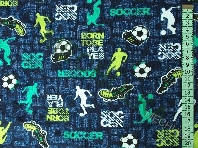 Bavlněný úplet ZBYTEK 0,66 m - oboulícní látka metráž Fotbalisté lime tyrkys zelený tmavě modrý - VÝPRODEJ