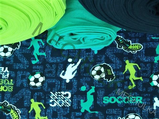 Bavlněný úplet ZBYTEK 0,66 m - oboulícní látka metráž Fotbalisté lime tyrkys zelený tmavě modrý - VÝPRODEJ