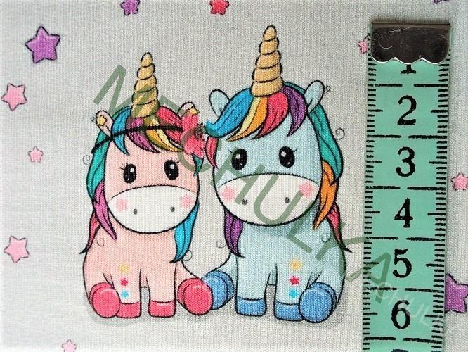 Bavlněný úplet teplákovina elast ZBYTEK 0,2 m DIGITÁLNÍ metráž Unicorn, jednorožec šedá - VÝPRODEJ