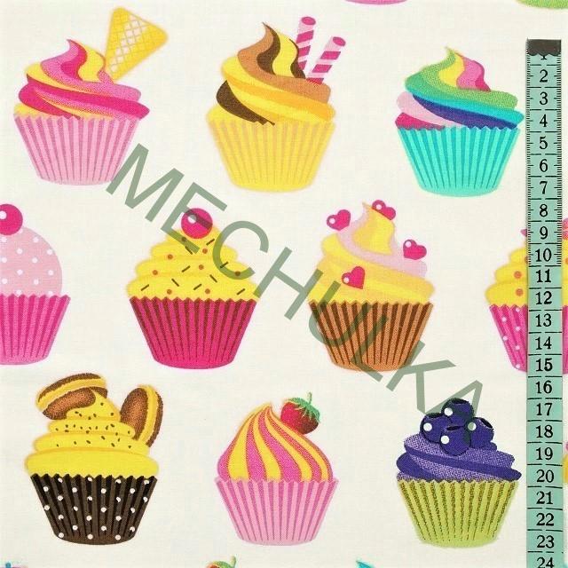 Bavlněné plátno Muffiny, Cupcake - ZBYTEK 0,51 m smetanová látka metráž - VÝPRODEJ