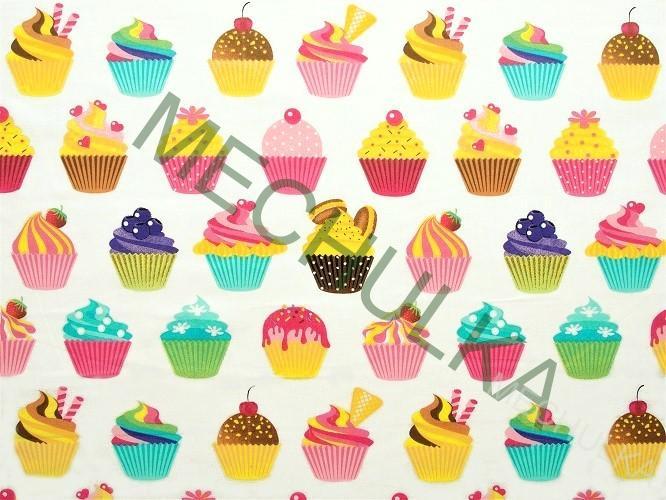Bavlněné plátno Muffiny, Cupcake - ZBYTEK 0,51 m smetanová látka metráž - VÝPRODEJ
