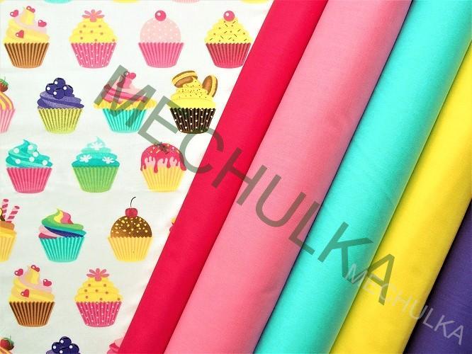 Bavlněné plátno Muffiny, Cupcake - ZBYTEK 0,51 m smetanová látka metráž - VÝPRODEJ