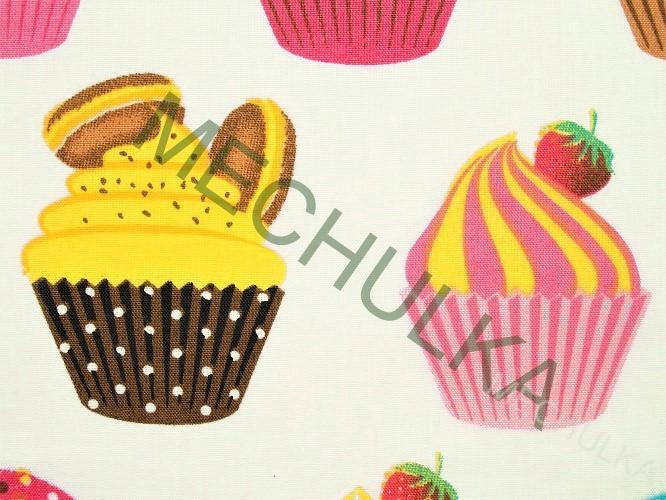 Bavlněné plátno Muffiny, Cupcake - ZBYTEK 0,51 m smetanová látka metráž - VÝPRODEJ