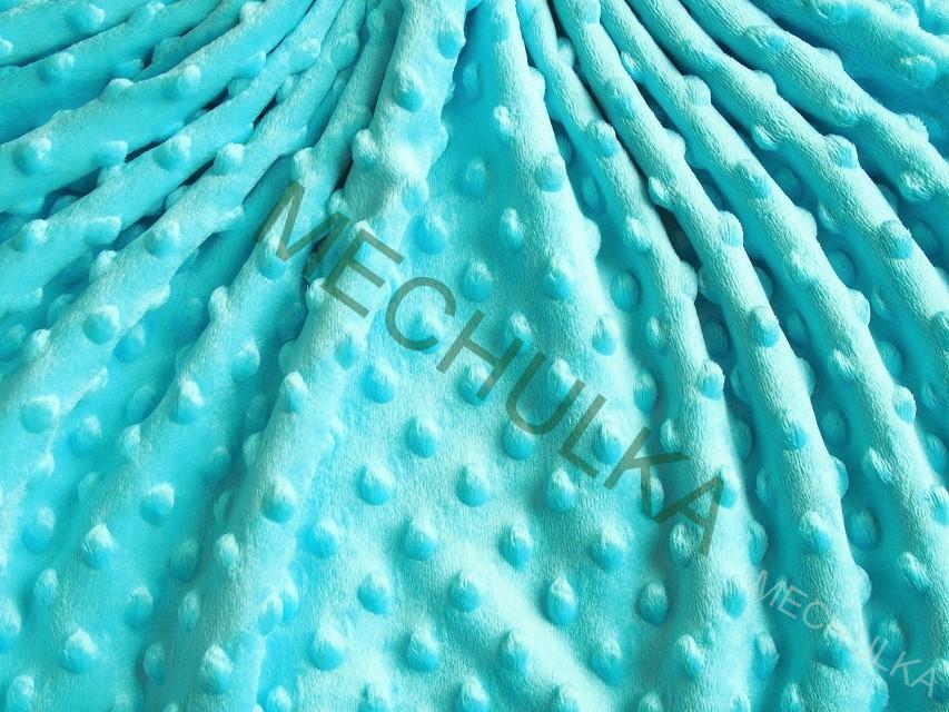 Minky s vytlačenými puntíky Tyrkysové světlé - ZBYTEK 0,64 m metráž látka jemný fleece s tečkami - VÝPRODEJ