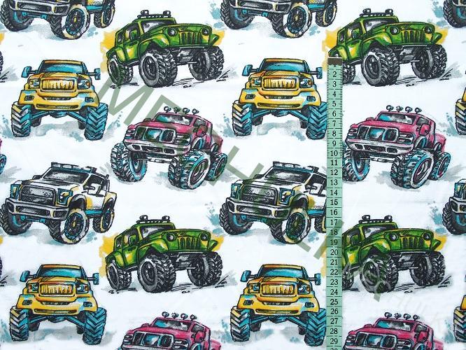Dětské bavlněné plátno Monster Truck, bílá látka metráž