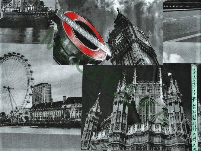 Bavlněné plátno - ZBYTEK 0,7 m Londýn s autobusem, šedá látka metráž - VÝPRODEJ