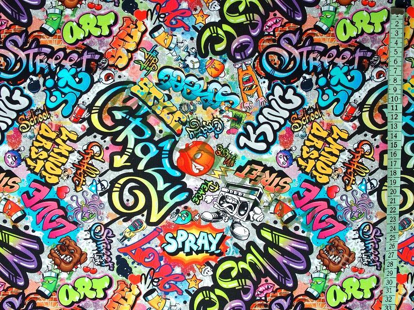 Crazy Street Art Graffiti DIGITÁLNÍ - ZBYTEK 0,93 m elastická tričkovina jednolíc, potištěný bavlněný úplet, látka metráž - VÝPRODEJ