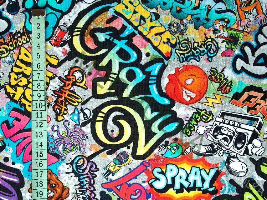 Crazy Street Art Graffiti DIGITÁLNÍ - ZBYTEK 0,93 m elastická tričkovina jednolíc, potištěný bavlněný úplet, látka metráž - VÝPRODEJ