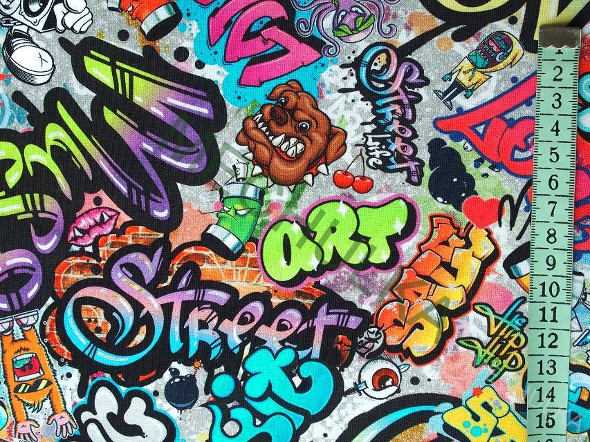 Crazy Street Art Graffiti DIGITÁLNÍ - ZBYTEK 0,93 m elastická tričkovina jednolíc, potištěný bavlněný úplet, látka metráž - VÝPRODEJ
