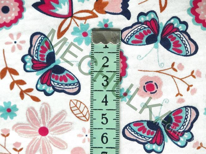 Motýlci folk starorůžovo-modří, bílá tričkovina jednolíc, potištěný bavlněný úplet, látka metráž