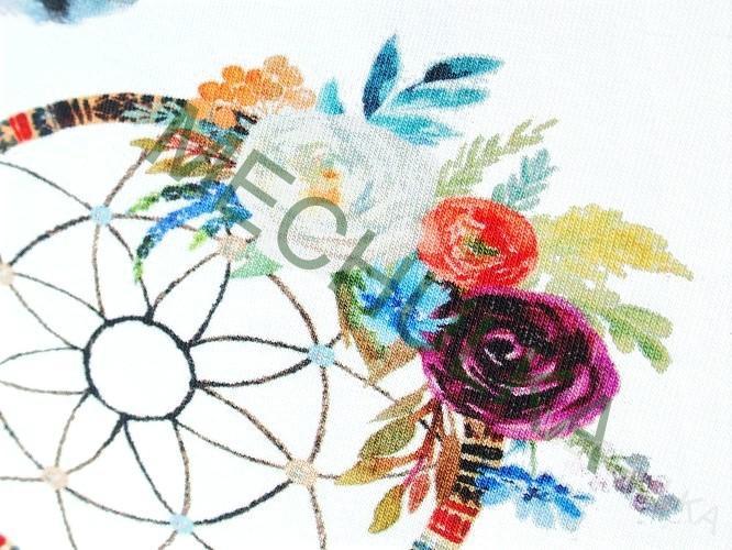 Lapače snů na bílé - ZBYTEK 0,28 m - DIGITÁLNÍ elastická tričkovina jednolíc, potištěný bavlněný úplet, látka metráž - VÝPRODEJ