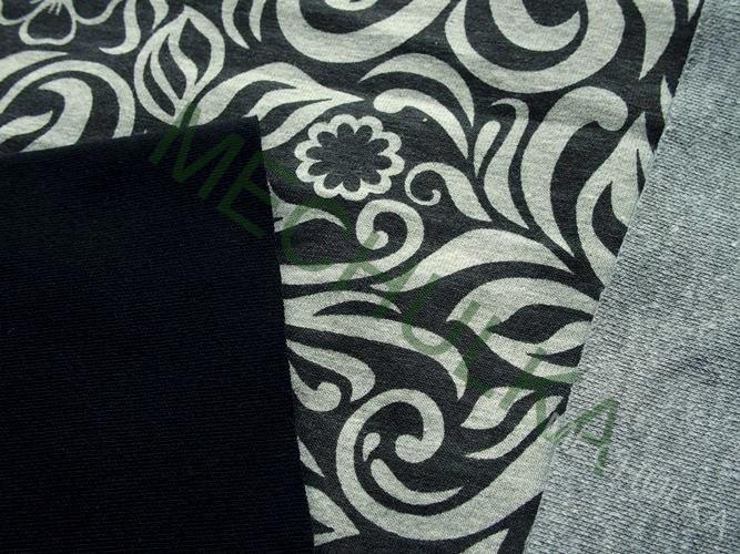 Černo-šedé květy elastická tričkovina jednolíc, 2.JAKOST potištěný bavlněný úplet, látka metráž