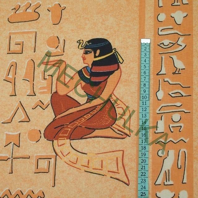 Bavlněné plátno Egypt - ZBYTEK 0,5 m - hieroglyfy, oranžová látka metráž - VÝPRODEJ