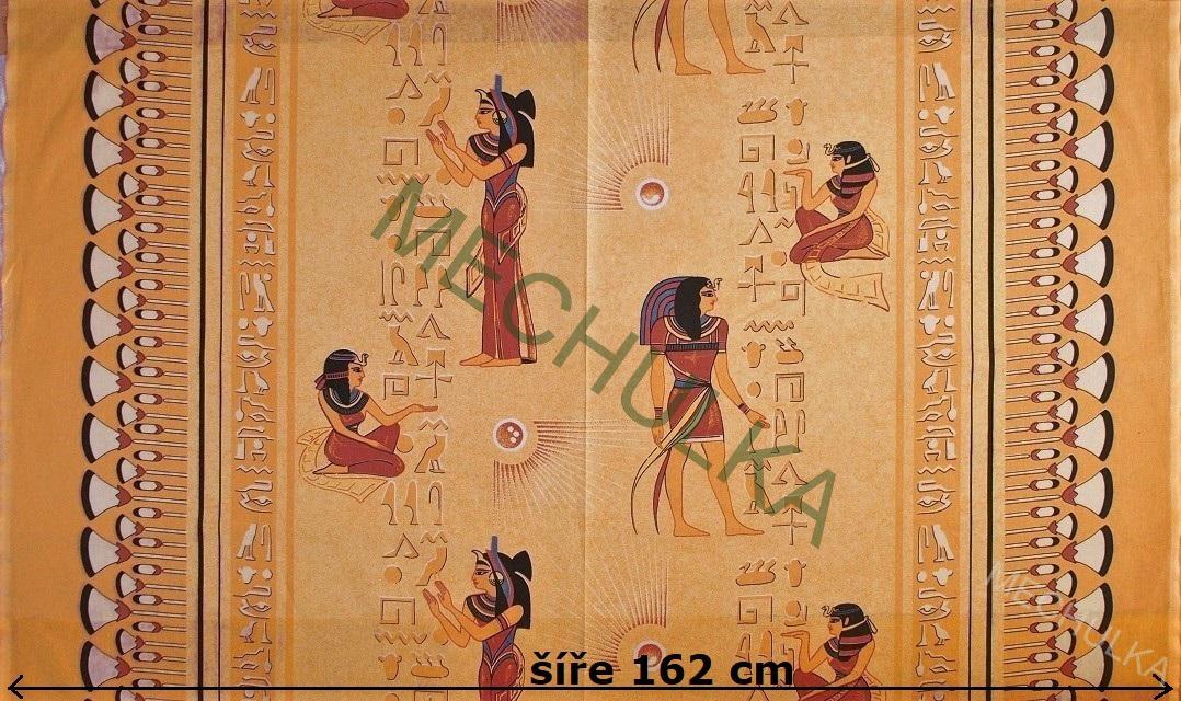 Bavlněné plátno Egypt - ZBYTEK 0,5 m - hieroglyfy, oranžová látka metráž - VÝPRODEJ