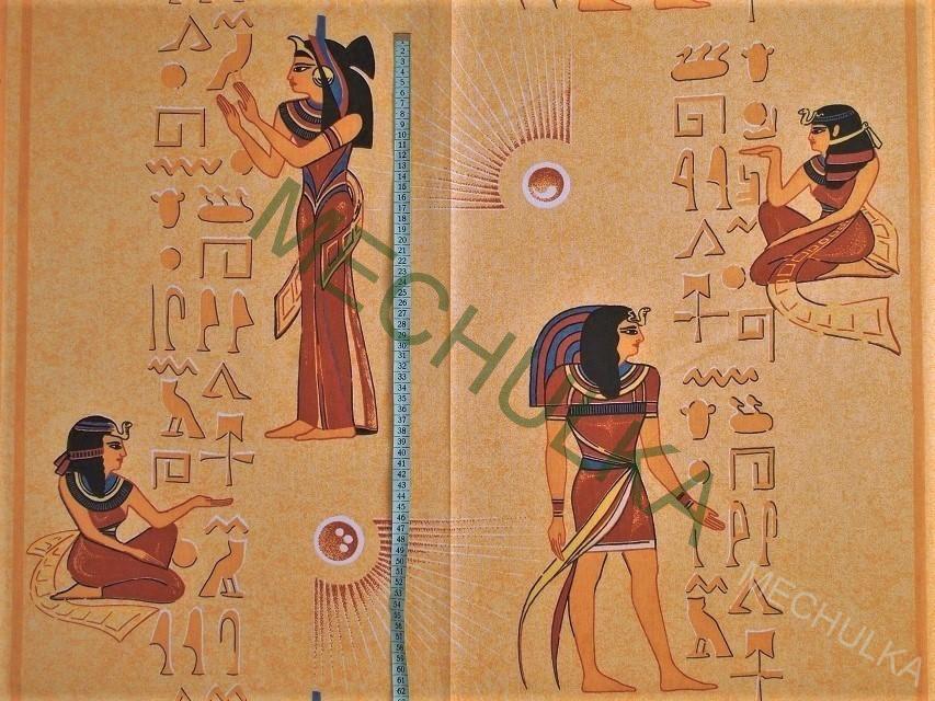 Bavlněné plátno Egypt - ZBYTEK 0,5 m - hieroglyfy, oranžová látka metráž - VÝPRODEJ