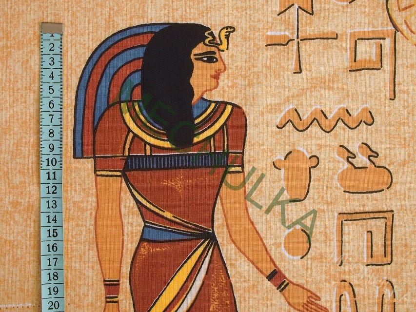 Bavlněné plátno Egypt - ZBYTEK 0,5 m - hieroglyfy, oranžová látka metráž - VÝPRODEJ