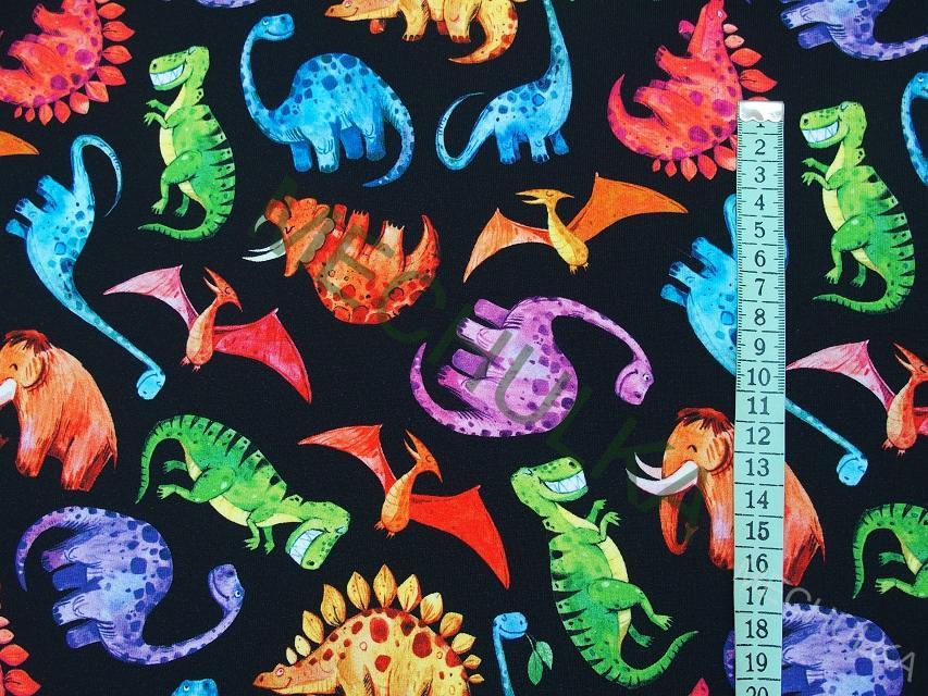 Dinosauři na černé DIGITÁLNÍ - ZBYTEK 0,88 m elastická teplákovina nepočesaná, potištěný bavlněný úplet, látka metráž - VÝPRODEJ