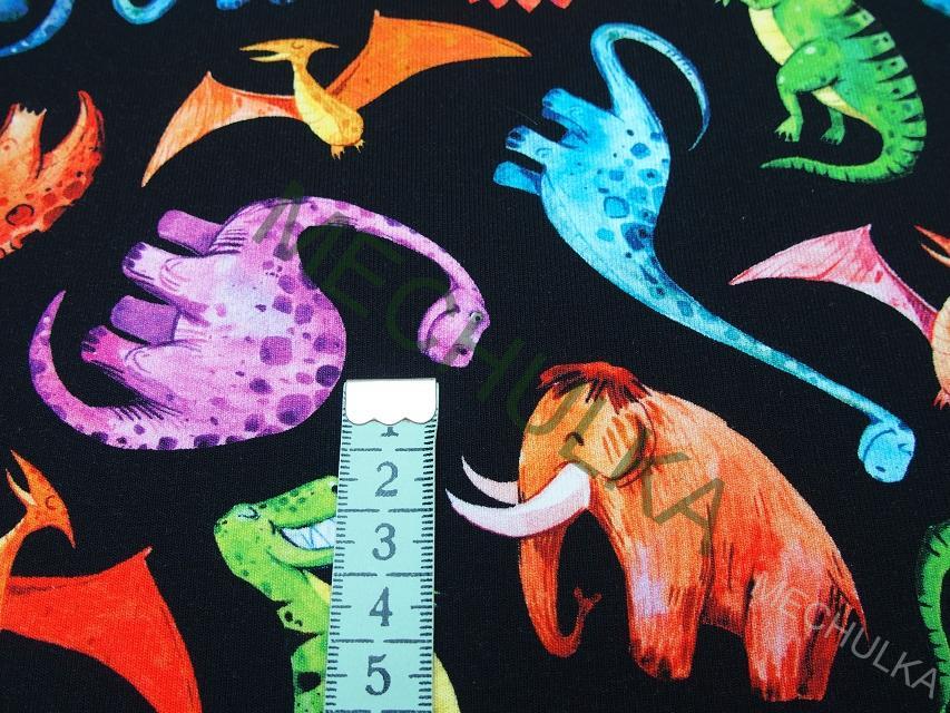 Dinosauři na černé DIGITÁLNÍ - ZBYTEK 0,88 m elastická teplákovina nepočesaná, potištěný bavlněný úplet, látka metráž - VÝPRODEJ