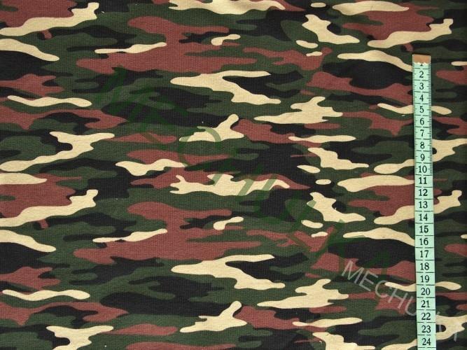 Maskáč - ZBYTEK S KAZEM 0,52 m khaki-hnědo-pískovo-černý tričkovina jednolíc, potištěný bavlněný úplet, látka metráž - VÝPRODEJ