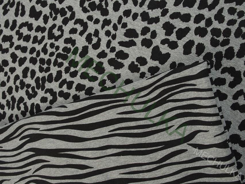 Levhart - ZBYTEK 0,37 m leopard šedý melír elastická teplákovina nepočesaná, potištěný bavlněný úplet, látka metráž - VÝPRODEJ