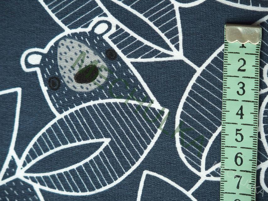 Medvěd koala mezi listy - ZBYTEK S KAZEM 0,71 m šedá elastická teplákovina nepočesaná, potištěný bavlněný úplet, látka metráž - VÝPRODEJ