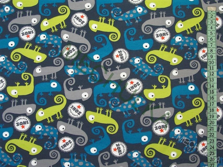 Chameleon - ZBYTEK S KAZEM 0,6 m Ještěr limetkovo-modrý, tmavě modrá tričkovina oboulíc, potištěný bavlněný úplet, látka metráž - VÝPRODEJ