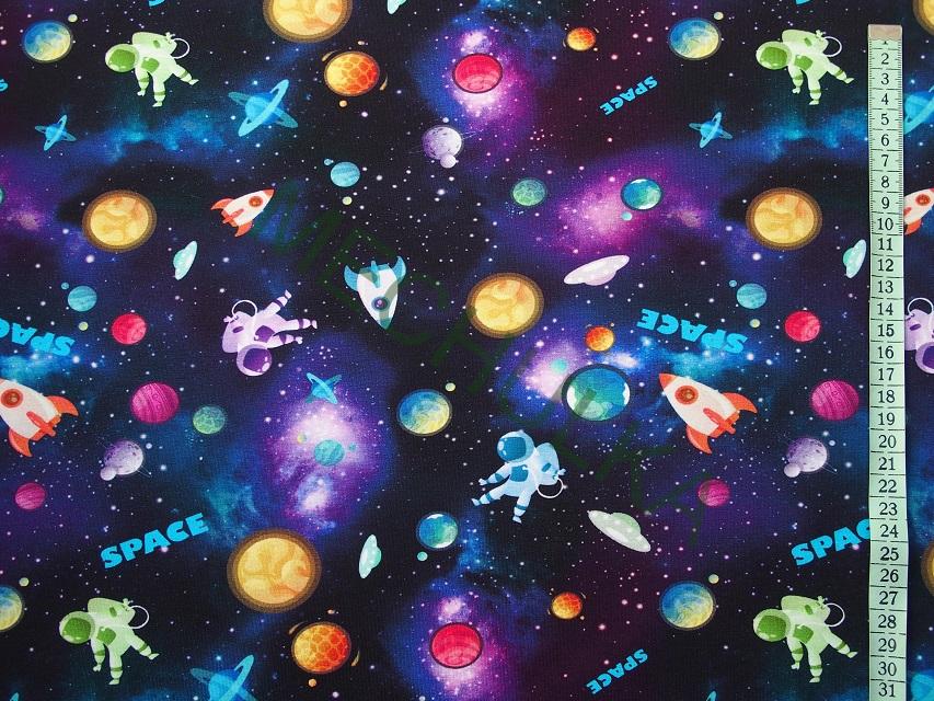 Vesmír / Space / Kosmonaut - ZBYTEK 0,9 m - tmavě modrá DIGITÁLNÍ elastická tričkovina jednolíc, potištěný bavlněný úplet, látka metráž - VÝPRODEJ