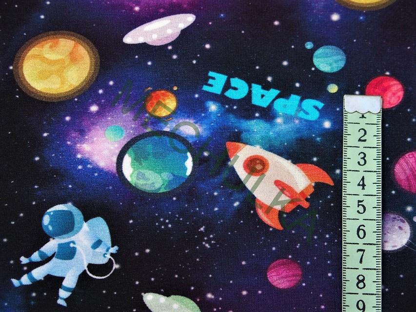 Vesmír / Space / Kosmonaut - ZBYTEK 0,9 m - tmavě modrá DIGITÁLNÍ elastická tričkovina jednolíc, potištěný bavlněný úplet, látka metráž - VÝPRODEJ