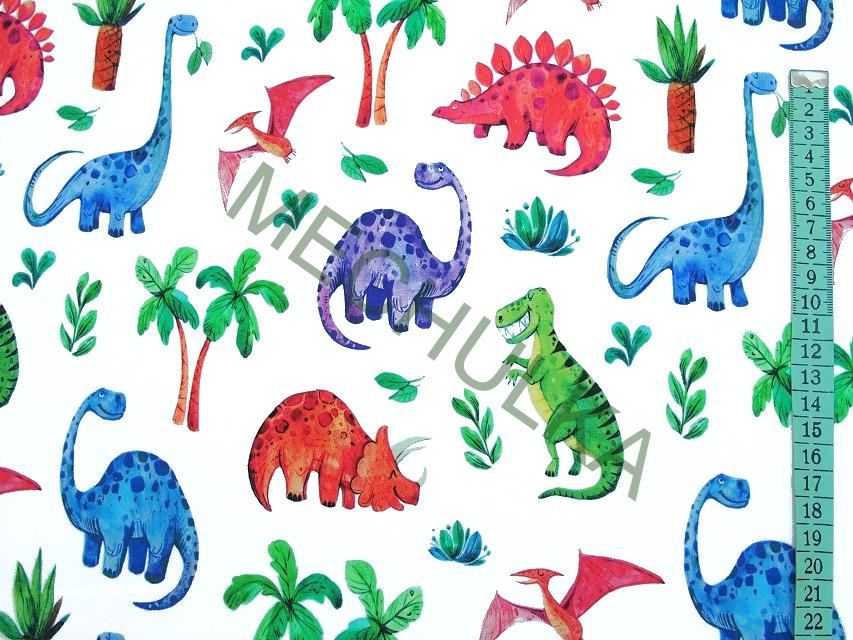 Dinosauři se stromy na bílé - ZBYTEK S KAZEM 0,76 m - DIGITÁLNÍ elastická tričkovina jednolíc, potištěný bavlněný úplet - VÝPRODEJ