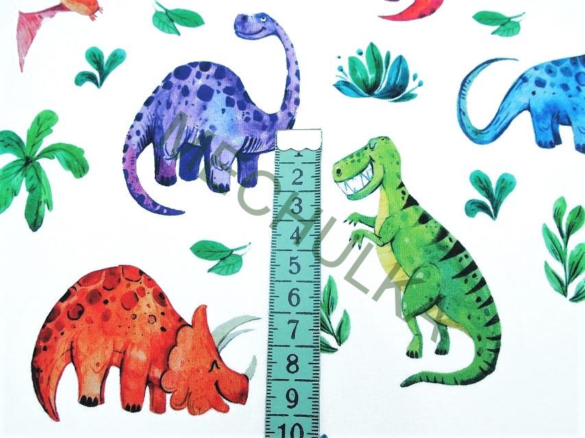 Dinosauři se stromy na bílé - ZBYTEK S KAZEM 0,76 m - DIGITÁLNÍ elastická tričkovina jednolíc, potištěný bavlněný úplet - VÝPRODEJ