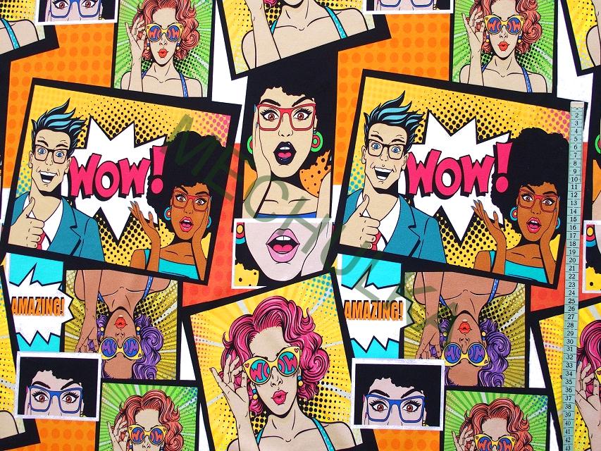 Komiks Pop-art DIGITÁLNÍ elastická teplákovina nepočesaná - ZBYTEK S KAZEM 1,1 m - potištěný bavlněný úplet, látka metráž
