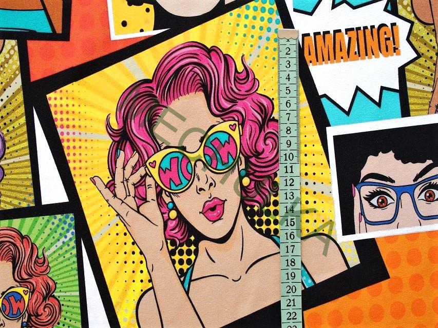 Komiks Pop-art DIGITÁLNÍ elastická teplákovina nepočesaná - ZBYTEK S KAZEM 1,1 m - potištěný bavlněný úplet, látka metráž