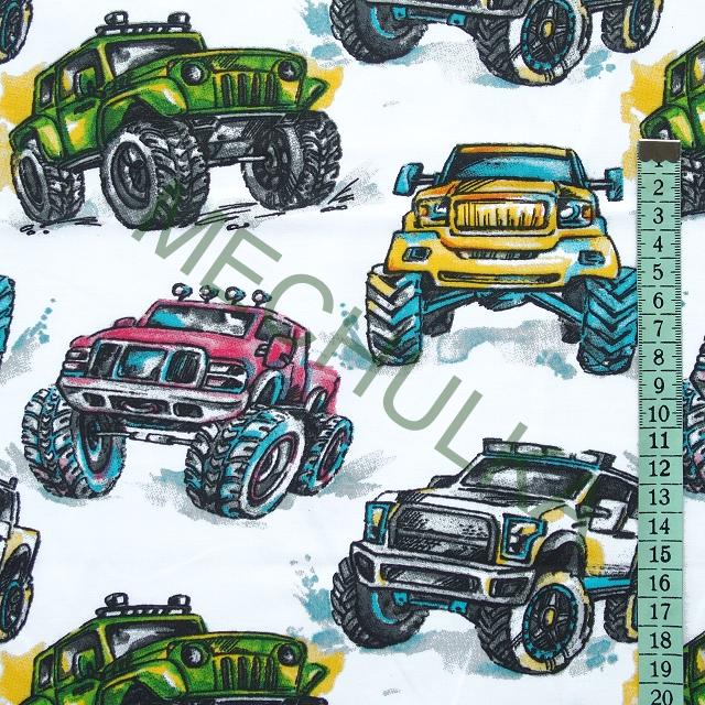 Dětské bavlněné plátno Monster Truck - ZBYTEK S KAZEM 1 m - bílá látka metráž - VÝPRODEJ