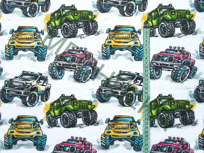 Dětské bavlněné plátno Monster Truck - ZBYTEK S KAZEM 1 m - bílá látka metráž - VÝPRODEJ