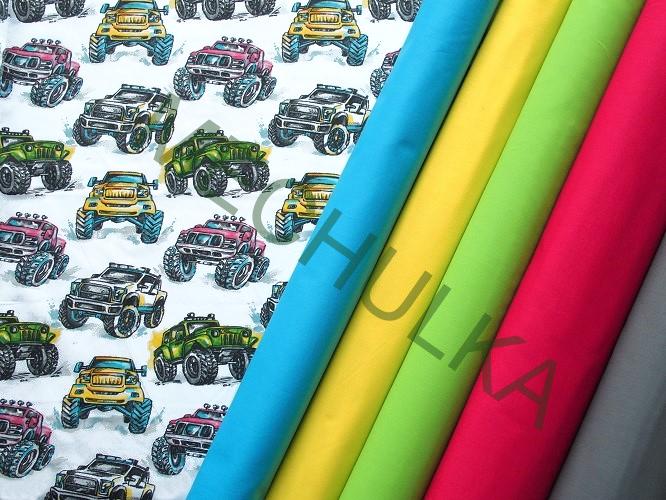 Dětské bavlněné plátno Monster Truck - ZBYTEK S KAZEM 1 m - bílá látka metráž - VÝPRODEJ