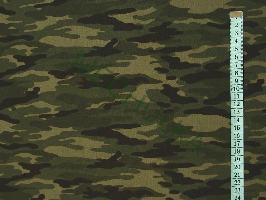 Maskáč tmavě khaki-černý - ZBYTEK S KAZEM 1,7 m - elastická teplákovina nepočesaná, potištěný bavlněný úplet, látka metráž - VÝPRODEJ
