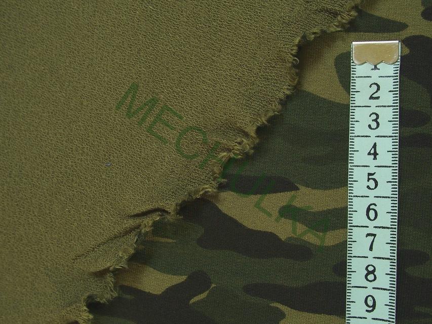 Maskáč tmavě khaki-černý - ZBYTEK S KAZEM 1,7 m - elastická teplákovina nepočesaná, potištěný bavlněný úplet, látka metráž - VÝPRODEJ