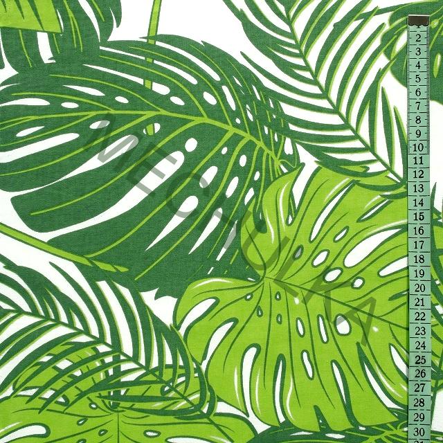 Monstera / listy palmy - ZBYTEK 0,67 m - bílo-zeleno látka dekorační metráž bavlna - VÝPRODEJ