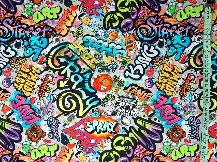 Crazy Street Art Graffiti DIGITÁLNÍ - ZBYTEK S KAZEM 1,08 m - elastická teplákovina nepočesaná, potištěný bavlněný úplet, látka metráž - VÝPRODEJ