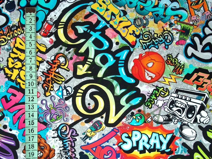 Crazy Street Art Graffiti DIGITÁLNÍ - ZBYTEK S KAZEM 1,08 m - elastická teplákovina nepočesaná, potištěný bavlněný úplet, látka metráž - VÝPRODEJ