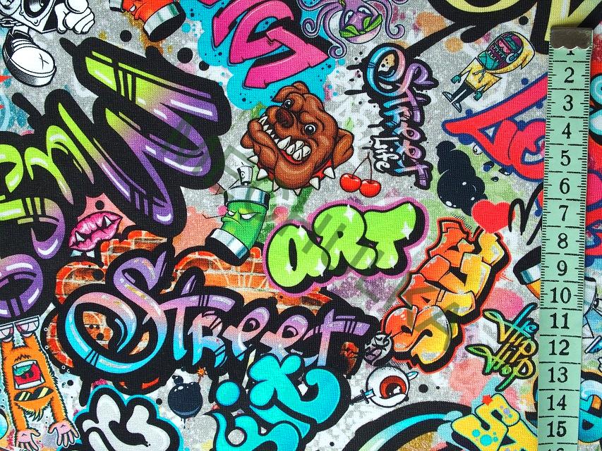 Crazy Street Art Graffiti DIGITÁLNÍ - ZBYTEK S KAZEM 1,08 m - elastická teplákovina nepočesaná, potištěný bavlněný úplet, látka metráž - VÝPRODEJ