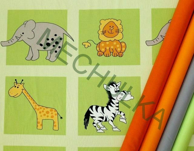 Zvířátka ZOO / Safari - zelená látka - ZBYTEK S KAZEM 0,63 m - bavlna - VÝPRODEJ