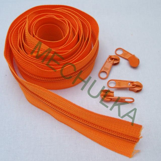Zip spirálový 5 mm v metráži oranžový, metrážový zip 234 cm a 4 jezdce