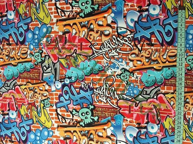 Graffiti Street Art DIGITÁLNÍ elastická teplákovina nepočesaná, potištěný bavlněný úplet, látka metráž